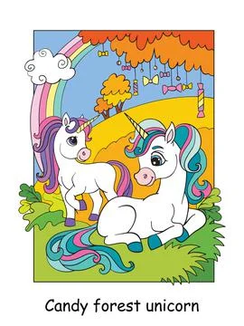Cute unicorns in the autumn forest vector Illustrazione stock