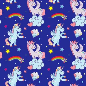 Cute unicorns, clouds, rainbow magic wand vector seamless pattern Illustrazione stock