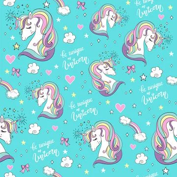 Cute unicorns head with lettering vector seamless pattern 스톡 일러스트