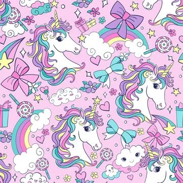 Cute unicorns head with magic elements vector seamless pattern 스톡 일러스트