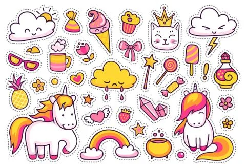 Cute unicorns with magic elements. Stock Illustration