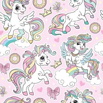 Cute unicorns with magic elements vector seamless pattern pink 스톡 일러스트