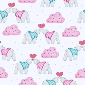 Cute unicorns with pink clouds and hearts in a playful pattern Stock Illustration