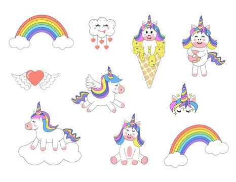 Cute unicorns, rainbows, cloud set. Magical kawaii characters. Design for s.. Stock Illustration