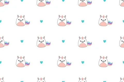 Cute unicorns on seamless pattern. Squishmallow. Unicorn and heart. Kawaii Stockillustratie