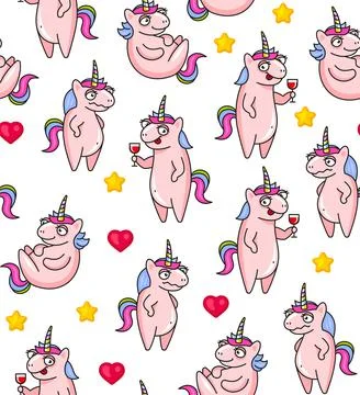 Cute Unicorns Seamless Pattern on White Background. Vector Illustrazione stock