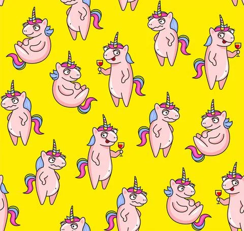 Cute Unicorns Seamless Pattern on Yellow Background. Vector Stock Illustration