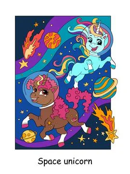Cute unicorns in space color vector illustration Stock Illustration