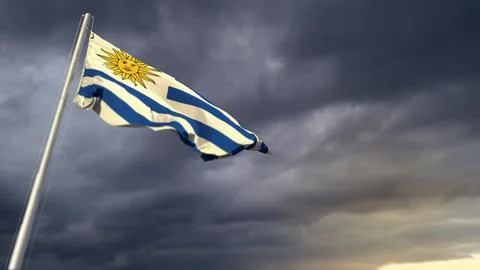 Cute Uruguay flag on massive dark clouds background - abstract 3D illustration Stock Illustration