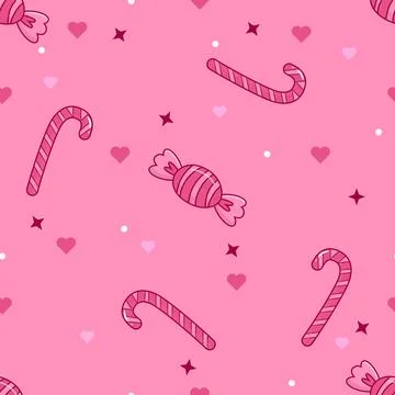 Cute Valentine Candy Seamless Pattern with Hearts and Pink Background Stock Illustration