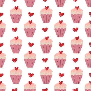 Cute Valentine Cupcake Seamless Pattern with Hearts Stock Illustration