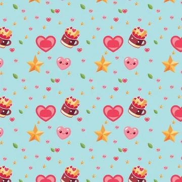 Cute Valentine Day Pattern with Hearts Stars and Coffee Mugs Stock Illustration
