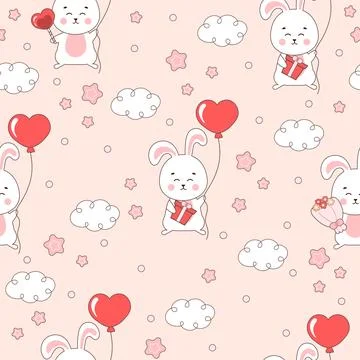 Cute Valentine day themed pattern with bunny characters and balloons, cloud.. Stockillustratie