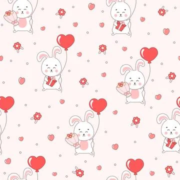 Cute Valentine day themed pattern with bunny characters and hear shaped bal.. Stock Illustration