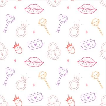 Cute Valentine Seamless Pattern with Heart Keys, Rings, Lips and Sweet Icons Stock Illustration