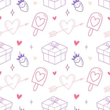 Cute Valentine Seamless Pattern with Hearts, Gifts, Strawberries and Sweet Pops Stock Illustration