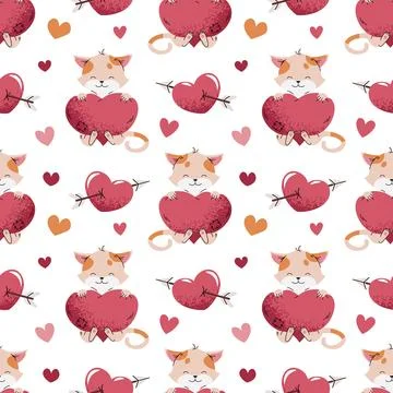 Cute Valentine Seamless Pattern with Kitten Hugging Heart. Flat Design Love Stock Illustration