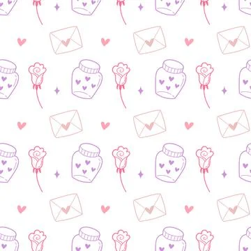 Cute Valentine Seamless Pattern with Roses, Love Letters and Heart Jars Stock Illustration