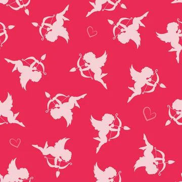 Cute valentine seamless pattern with silhouettes of angels cupids with arrows Stock Illustration