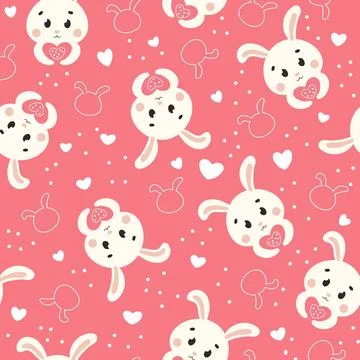 Cute Valentine themed seamless pattern with bunny character and hearts on p.. Stock Illustration