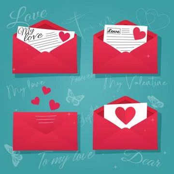 Cute Valentines Day red envelope set with love letters, hearts, and handwri.. Stock Illustration