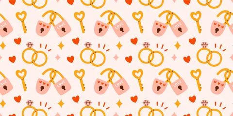 Cute Valentines day seamless pattern. Wedding ring, love lock, keys. Vector for Illustrazione stock
