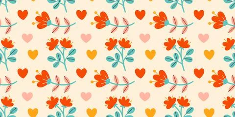 Cute Valentines day seamless pattern. Flowers, hearts. Vector illustrations for Illustrazione stock