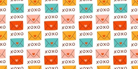 Cute Valentines day seamless pattern. Love envelopes, xoxo. Vector for Stock Illustration