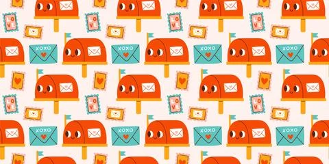 Cute Valentines day seamless pattern. Mailbox, mail and stamps. Vector for Stock Illustration