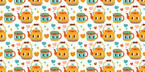 Cute Valentines day seamless pattern. Cup and teapot. Vector illustrations for Stock Illustration