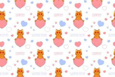 Cute Valentine's Day seamless pattern with cat, heart, paw prints and lette.. Illustrazione stock