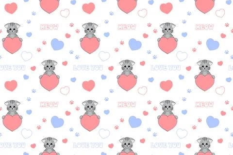 Cute Valentine's Day seamless pattern with cat, heart, paw prints and lette.. Stock Illustration