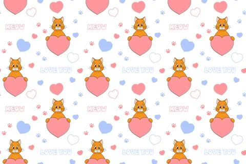 Cute Valentine's Day seamless pattern with cat, heart, paw prints and lette.. Illustrazione stock
