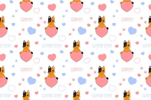 Cute Valentine's Day seamless pattern with cat, heart, paw prints and lette.. Stock-Illustration