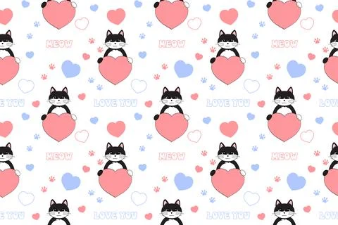 Cute Valentine's Day seamless pattern with cat, heart, paw prints and lette.. Stock Illustration
