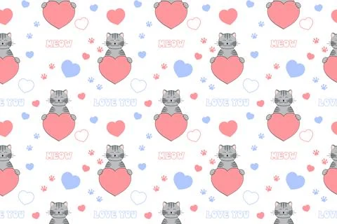 Cute Valentine's Day seamless pattern with cat, heart, paw prints and lette.. Stock Illustration