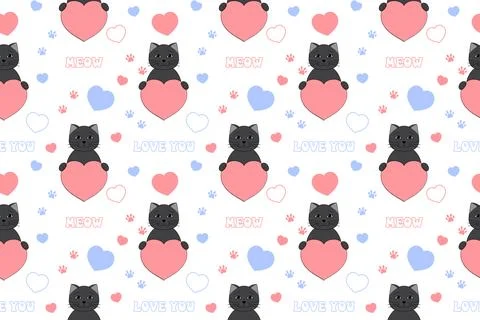 Cute Valentine's Day seamless pattern with cat, heart, paw prints and lette.. Stock Illustration