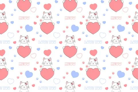 Cute Valentine's Day seamless pattern with cat, heart, paw prints and lette.. Stock Illustration