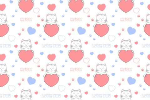 Cute Valentine's Day seamless pattern with cat, heart, paw prints and lette.. Stock Illustration