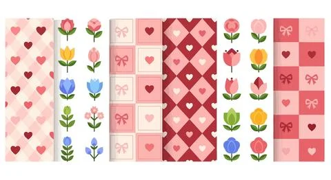Cute Valentine's Day Seamless Patterns and Flower Illustrations: Hearts, Bo.. 스톡 일러스트