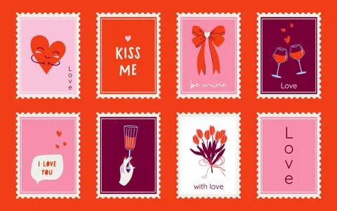 Cute Valentine's Day vertical postage stamps collection Stock Illustration