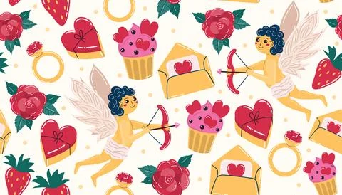Cute Valentines seamless pattern with Cupid and heart candy box, envelope, ca 스톡 일러스트