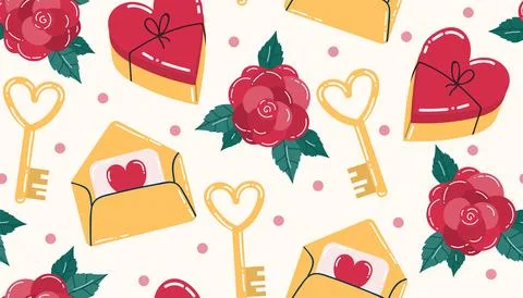 Cute Valentines seamless pattern with heart candy box and envelope, heart sha Stock Illustration