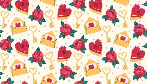 Cute Valentines seamless pattern with heart candy box and envelope, heart sha Stock Illustration