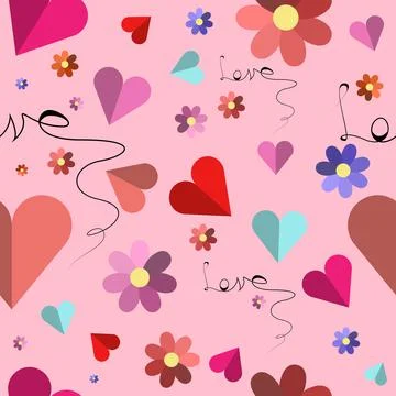 Cute valentines seamless pattern with hearts and flowers Stock Illustration
