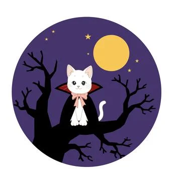 Cute vampire cat sitting on a spooky tree branch in Halloween night Stock Illustration