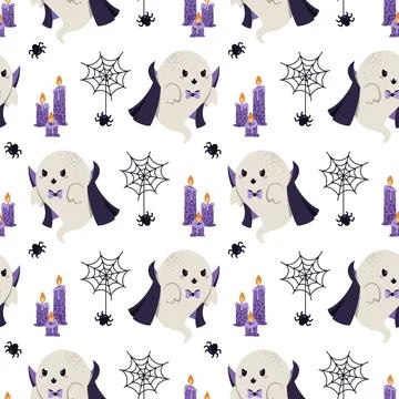 Cute Vampire Ghost with Cobweb and Spider, Candles Seamless Pattern. Halloween Stock Illustration