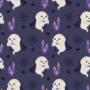 Cute Vampire Ghost with Cobweb and Spider, Candles Seamless Pattern. Halloween Stock Illustration