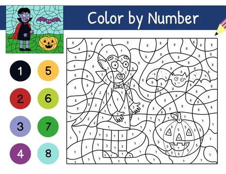 Cute vampire, pumpkin and bat color by number game for kids Stock Illustration