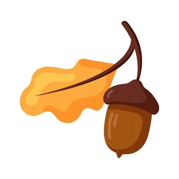 Cute Vector Acorn with Yellow Oak Leaf Stock Illustration
